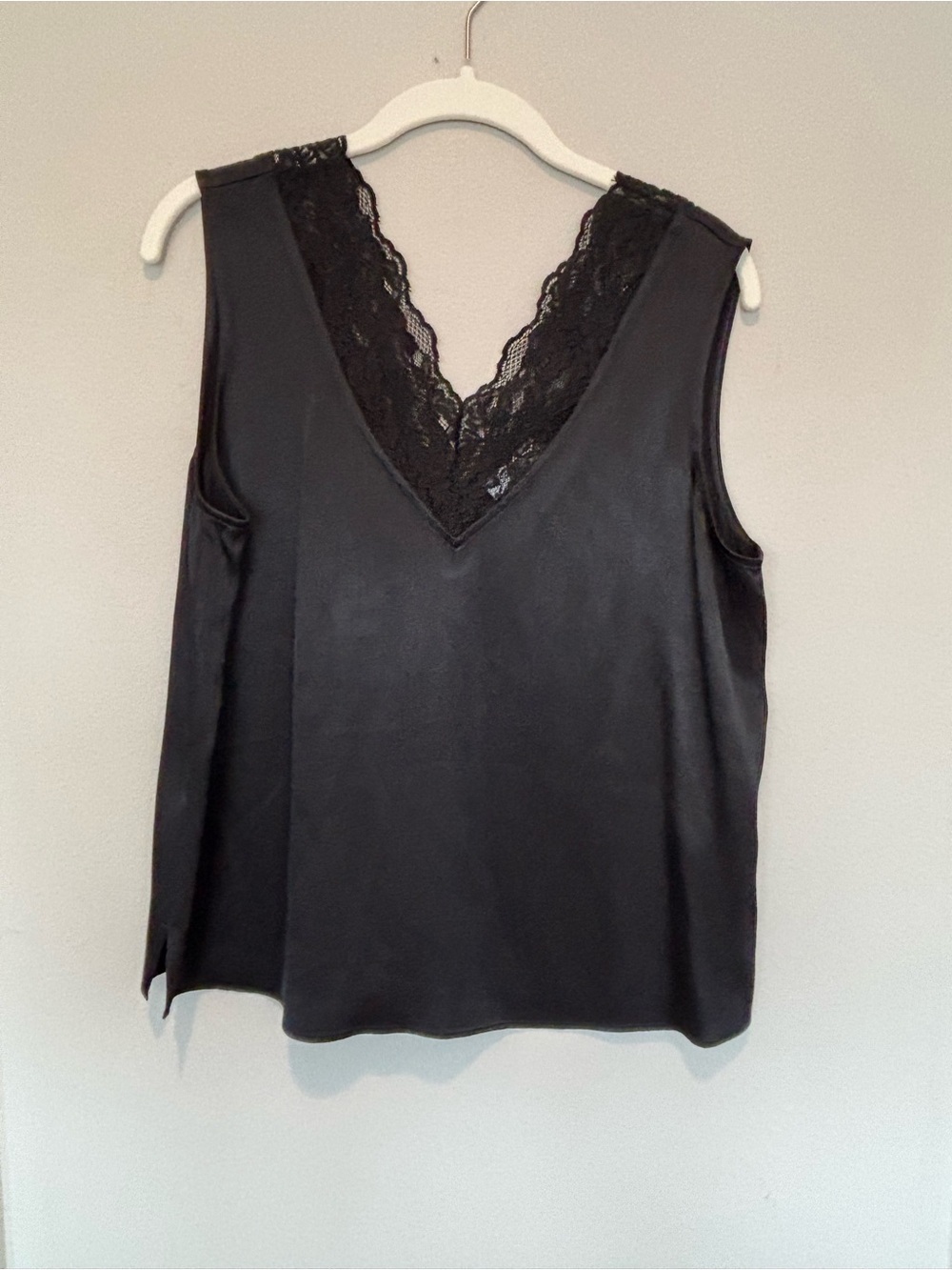 Black Lace Trim V-Neck Sleeveless Satin Tank - Picture 1 of 3